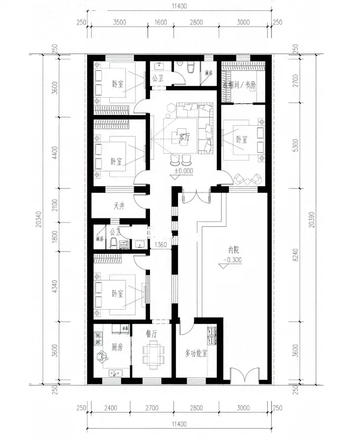 11.4米×20.4米一层别墅农村自建房设计户型图