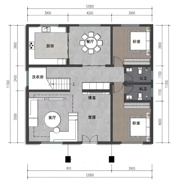 12米×11.3米三层别墅农村自建房设计首层户型图