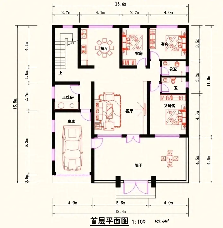 13.4米×15.5米二层别墅农村自建房设计户型图