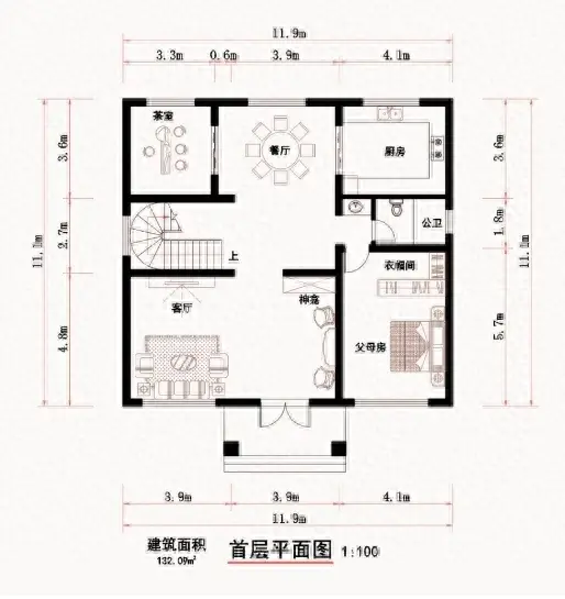 11.9米×11.1米二层别墅农村自建房设计户型图